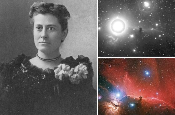 Williamina Fleming hacia 1890 junto al sector de la placa, de 1888, en la que por primera vez identificó la nebulosa Cabeza de Caballo. Abajo, una toma reciente del mismo campo / grupo de astrofotografía del IAC, 2012.
